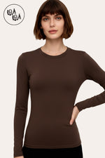 Front view of chocolate double lined long sleeve basic t-shirt